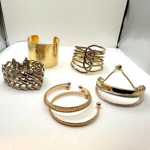 Gold Tone Bracelet Lot Chunky Cuffs Bangles Statement Stack Mixed Metal Vintage